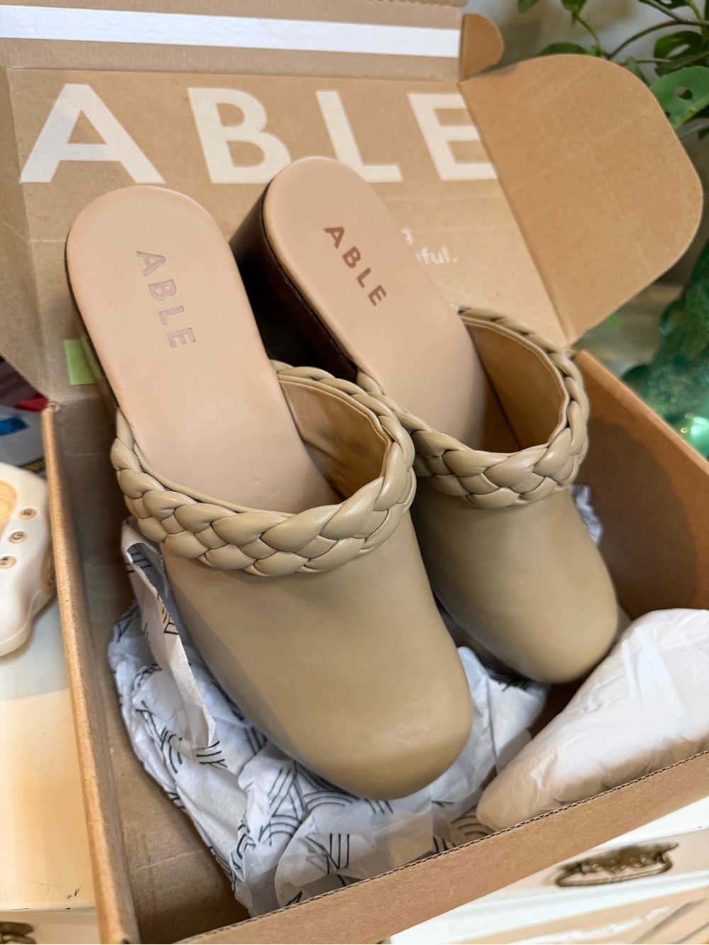 NEW IN BOX Able Braided Strap Mule in Pebble